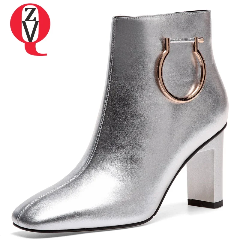

ZVQ Office cow leather Booties party sexy women's shoes 8cm high heels Autumn winter plush large size Silver Zapatos de mujer