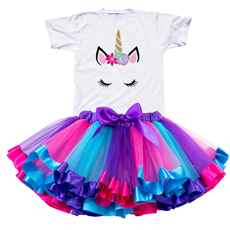 Unicorn Girl Clothing Sets Rainbow Princess Tutu Dress And Cotton T-Shirt Girls Party Suits Toddler Baby Kids Birthday Present