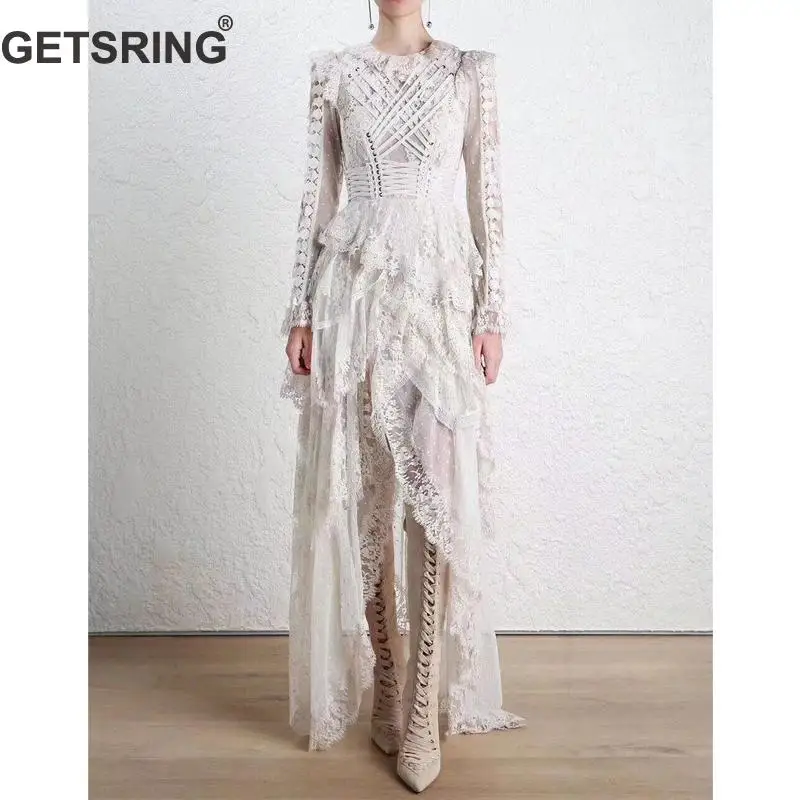 

GETSRING Women Dresses Embroidery White Lace Dress Long Sleeve High Waist Irregular Hem Long Dress Bandage Spliced Dresses 2018