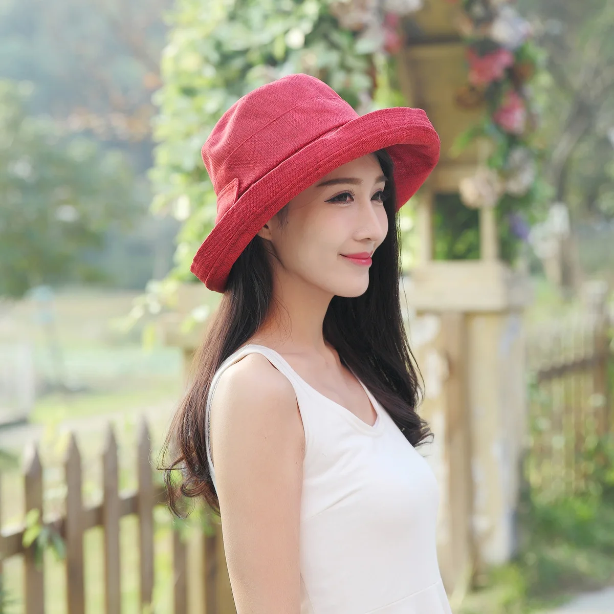 Fashionable Women Summer Knitting Sun Hat Roll Brim Design with Bow