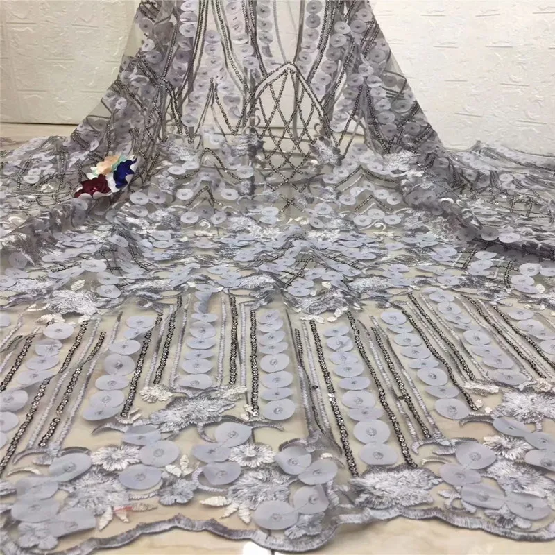 

Gray Double 3D Handwork Sequins Soft Nigerian Lace Fabric Dubai Embroidered French Tulle Lace Latest African Lace Fabric