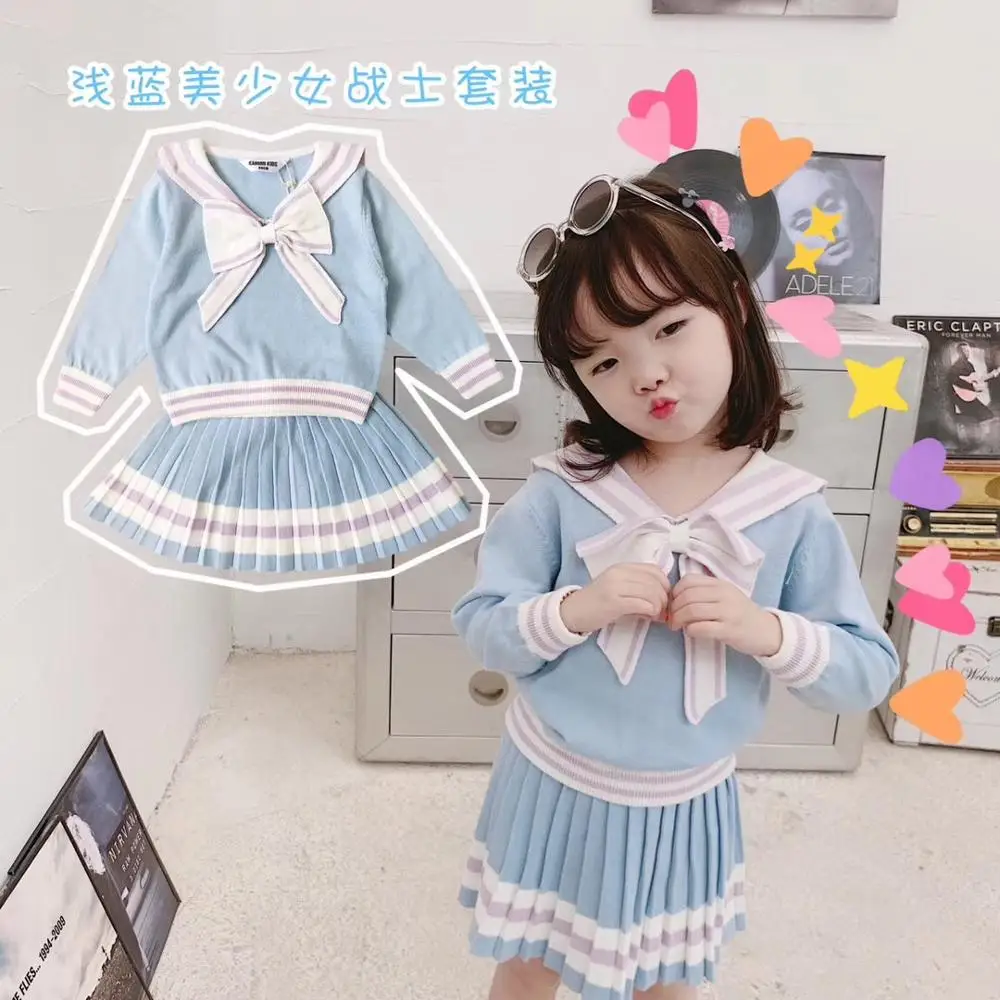 

kids fashion girls 2019 girls clothing set sweater & skirt big bow sailor collar blue color sweater with pleated skirt