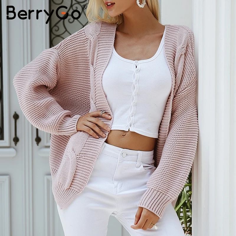 

BerryGo Twist knitted autumn sweater cardigan women Casual streetwear white sweaters 2018 Elegant warm winter sweater cardigan