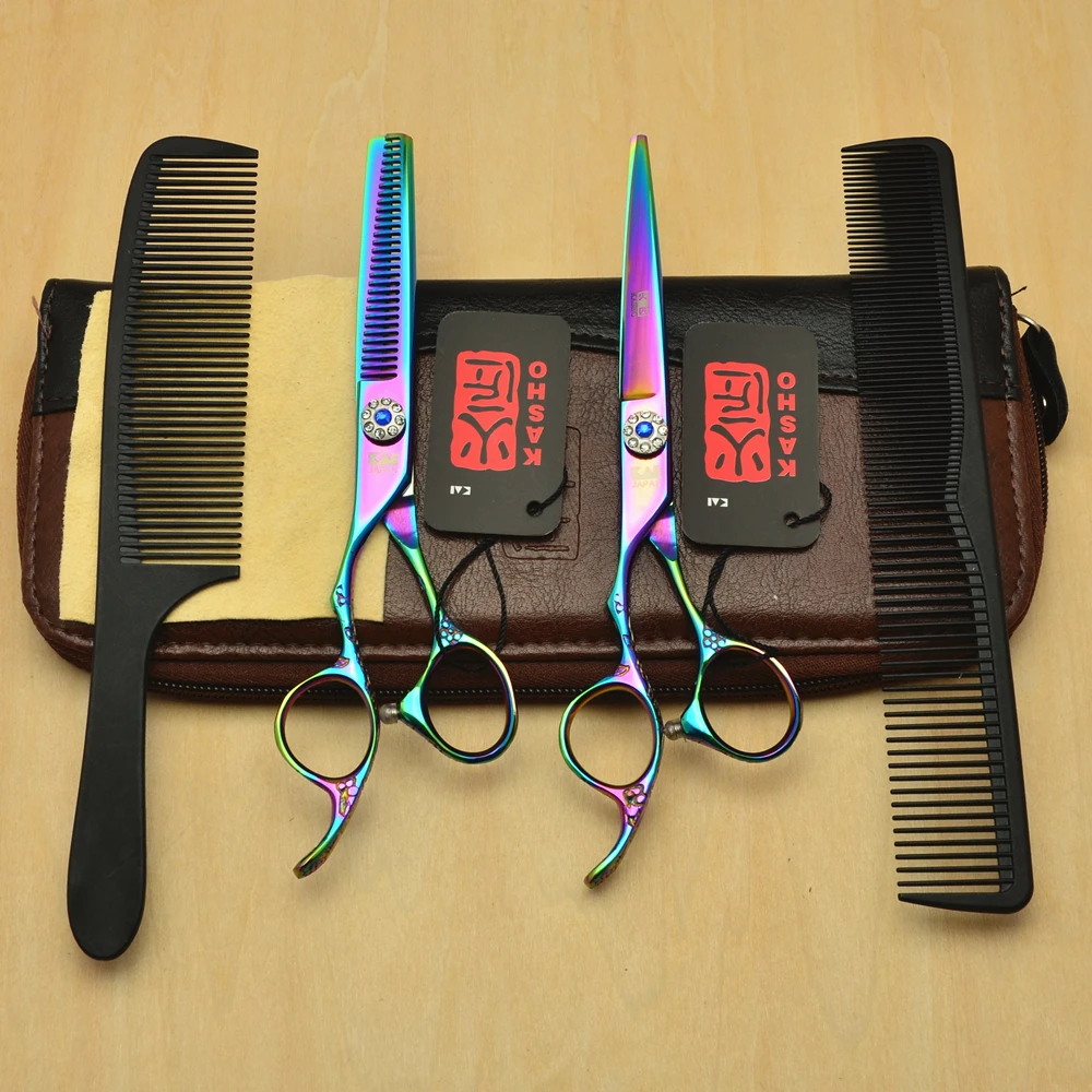 

4Pcs Set Left Hand 6'' Colorful Professional Hair Scissors Hairdressing Scissors Cutting Shears + Thinning Scissors + Comb H8002