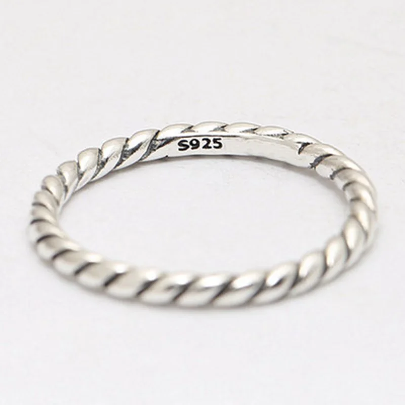 

Real 925 Sterling Silver Twist Ring Fashion Simple Antique Silver Fine Ring Thin Small finger Ring For Women Jewelry