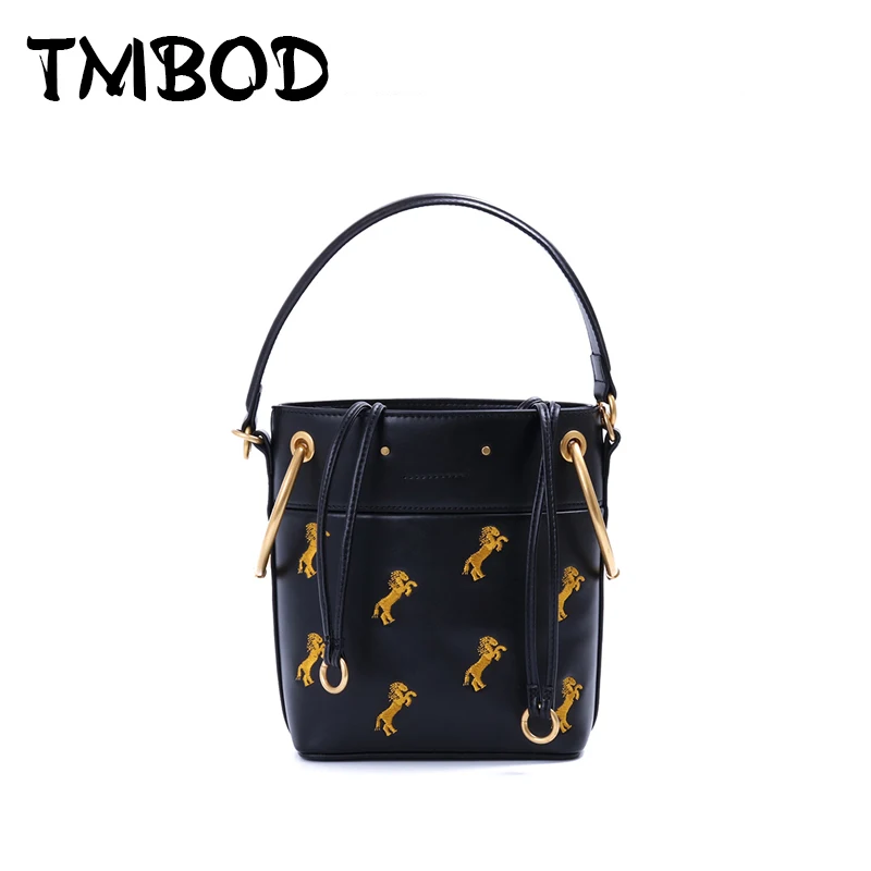 

New 2018 Designer Small Drawstring Bucket Embroidery Women Split Leather Handbags Ladies Bag Messenger Bags For Female an1288