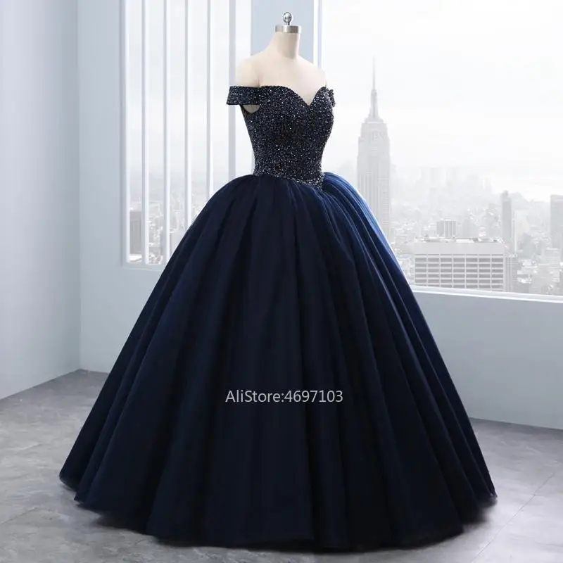 

New Sweetheart Ball Gown Lace Pearls Crystal Black Evening Prom Dresses Lace up Princess Elegant