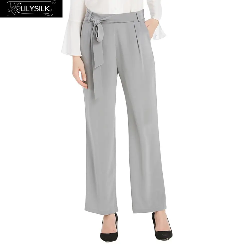 

LILYSILK Pants Women Silk Wide Leg Pure Silk Bow Belt Ladies Trousers Lightweight Business Classy Grey