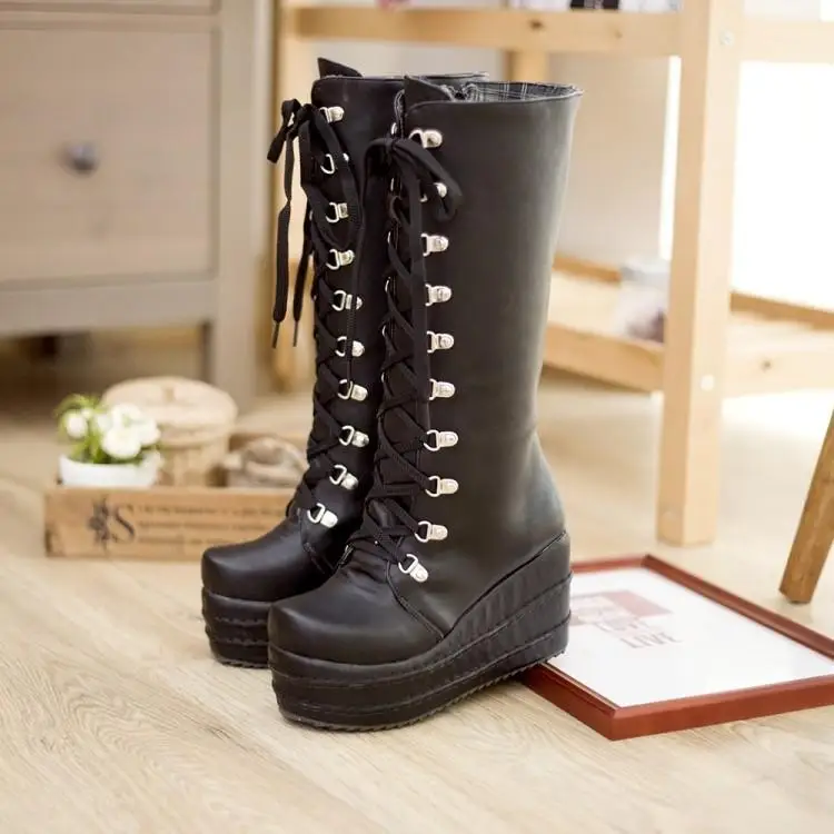 

Womens Fashion Wedge Mid Calf Boots Platform Goth Punk Combat Military Boots Wedge Lace Up Cos Shoes C307