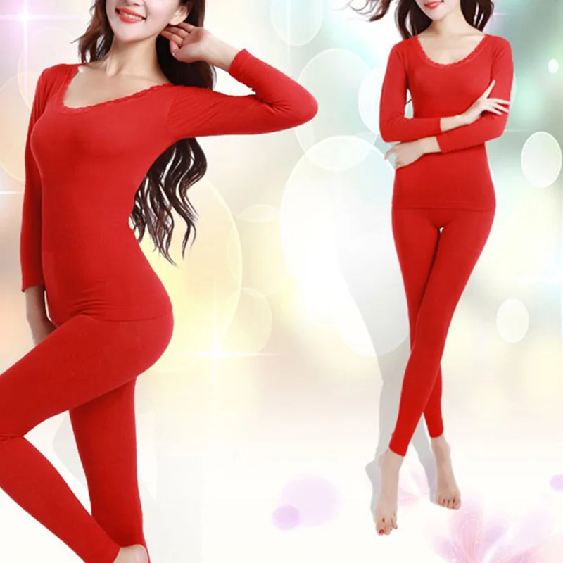 Зимние женские кальсоны термобелье костюм толстое модальное Нижнее белье Женская одежда - Цвет: Красный