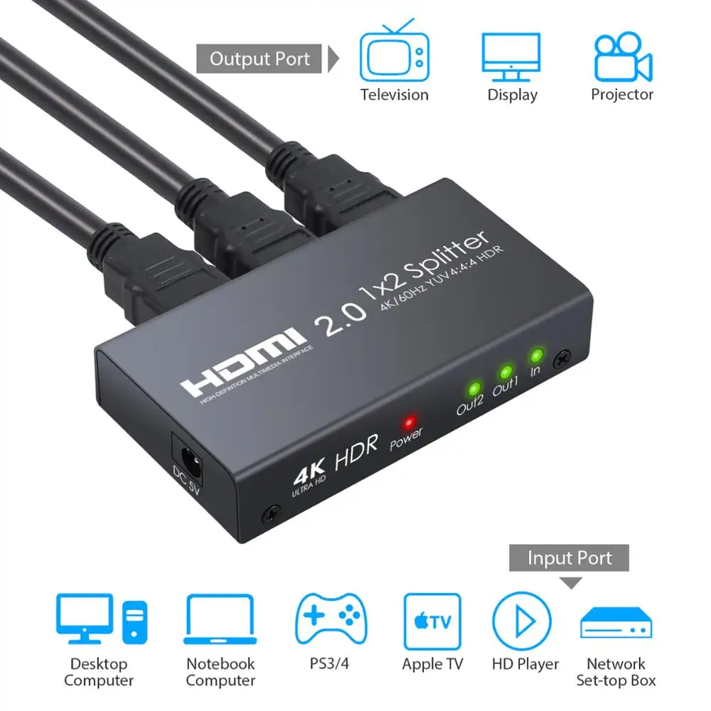 1 в 2 из HDMI 0 сплиттер с USB кабелем питания Поддержка 4 K/60Hz YUV 4:4:4 HDR для Xbox One X PS4 Pro Sky Box