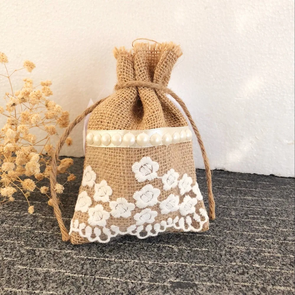 100pcs/lot New Fashion Small flower Lace Favor Bags ,pearl Burlap