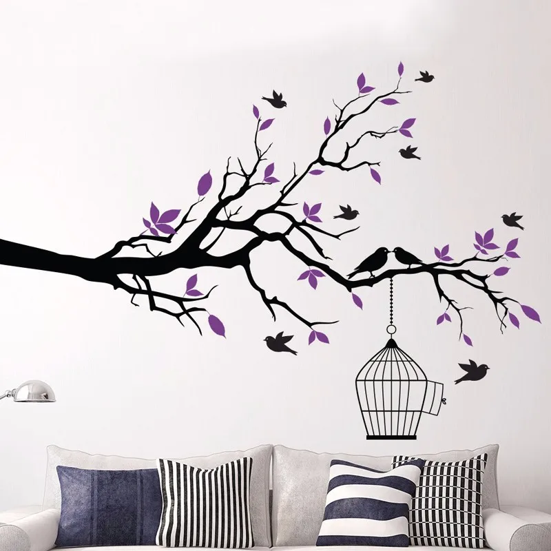 Tree Branch With Bird Cage Vinyl Wall Art Birds Sticker Tree Branch With Bird Cage Vinyl Wall