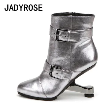 

Silver Leather Women Short Winter Boots Gladiator Double Buckle Ladies Ankle Booties 8cm Strange High Heels Botines Mujer Shoes