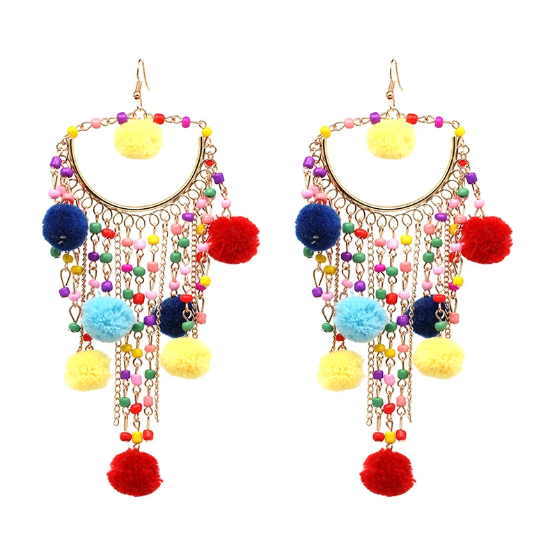 

2017 New Design Colorful Fashion Statement Jewelry Link Chain Beads With Pompon Ball Tassel Dangle Earring Wholesale For Women