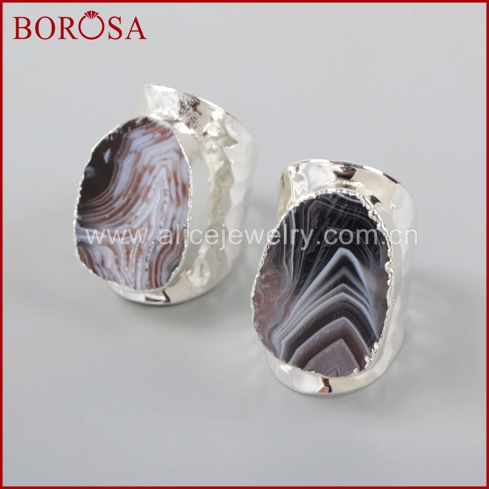 

BOROSA Silver Color Natural Onyx Stone Druzy Stone Open Band Ring,Natural Gems Rings for Women Men Drusy Jewelry S1389