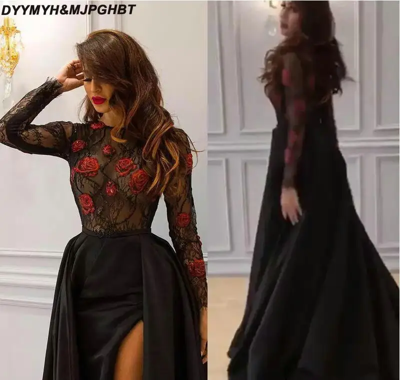 

Black Red Lace Long Sleeve Evening Dresses Sheer Crew Neckline Sexy Side Slit Crystal Beading Lace Long Evening Gowns
