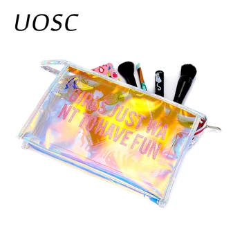 

UOSC Portable Laser Cosmetics Bag Letter Transparent Simple Make Up Handheld Cosmetic Travel Bag Clear Pouch Makeup Organizer