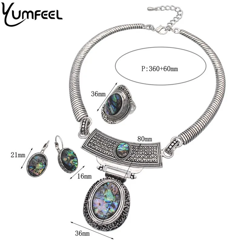 Yumfeel Винтажный набор украшений в стиле бохо, античный посеребренный корпус, колье, ожерелье, серьги, кольцо, ювелирные наборы для женщин