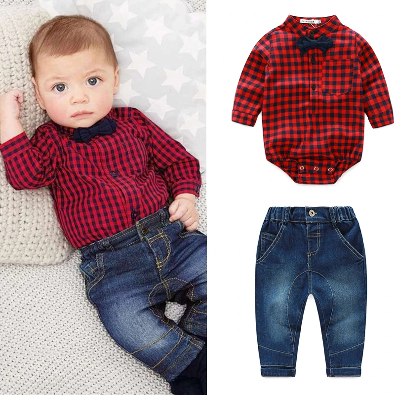 

2017 Fashion New Baby Boy Spring Gentleman Plaid Clothing sets Suit Newborn boys clothes Bow Tie Shirt+Jeans formal party