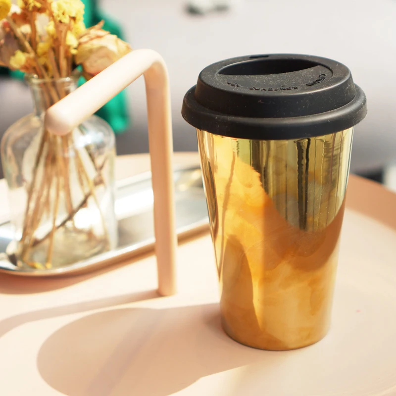

AIMS Gold plated ceramic mug with cover with cup of coffee cup