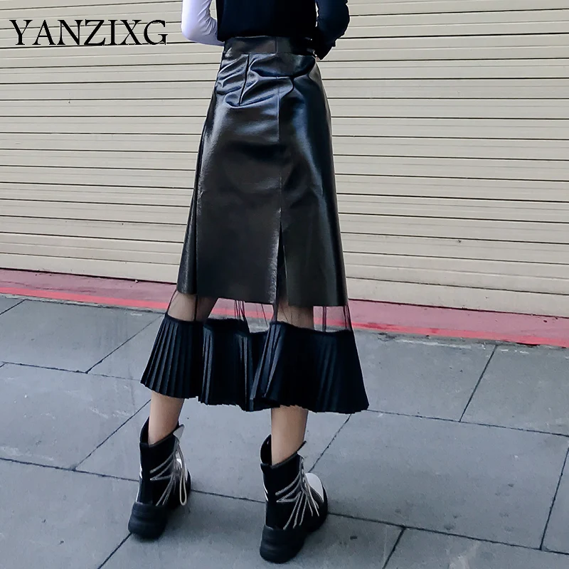 Кожаная женская юбка, новинка, осенняя Черная кружевная тонкая юбка-посылка, сексуальная сетчатая плиссированная женская модная юбка Z223