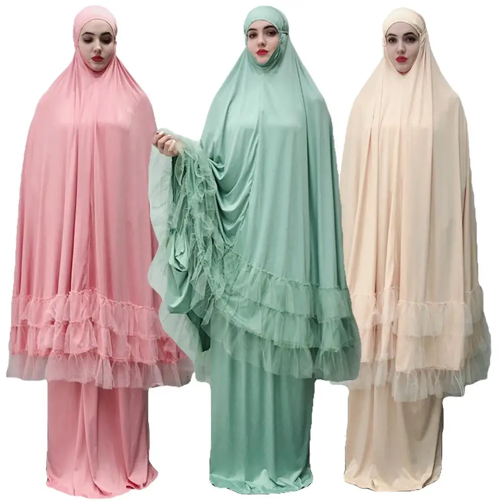 2 Piece Women Prayer Hijab Dress Dubai Muslim Khimar Jilbab Overhead Abaya Clothing Ramadan Skirt Kaftan Solid Color Set Islamic