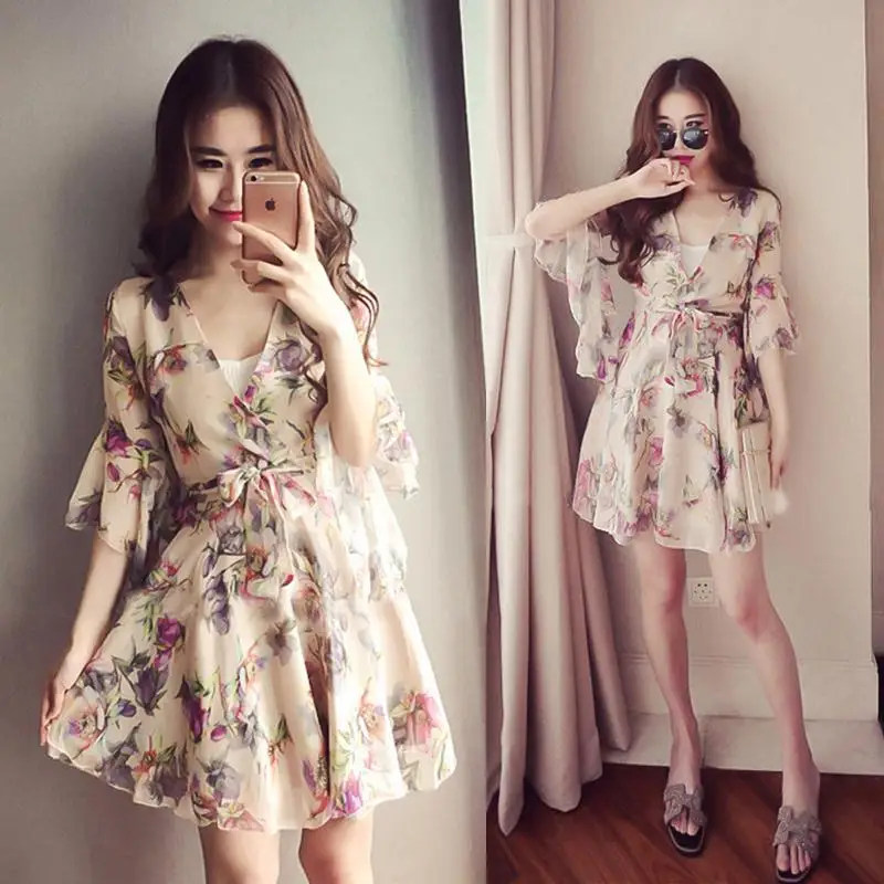 

DSstyles Women Sexy V-neck Ruffled Sleeve Dress Elegant Flower Printed High Waist Dress