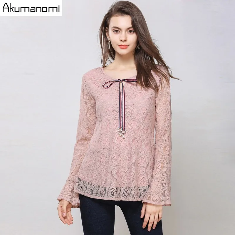 

Autumn Spring Pink Lace Shirt Blouse Lace-up Pearl V-NECK Flare Full Sleeve Tops Women's Clothes Overclothes Plus Size 5XL-l