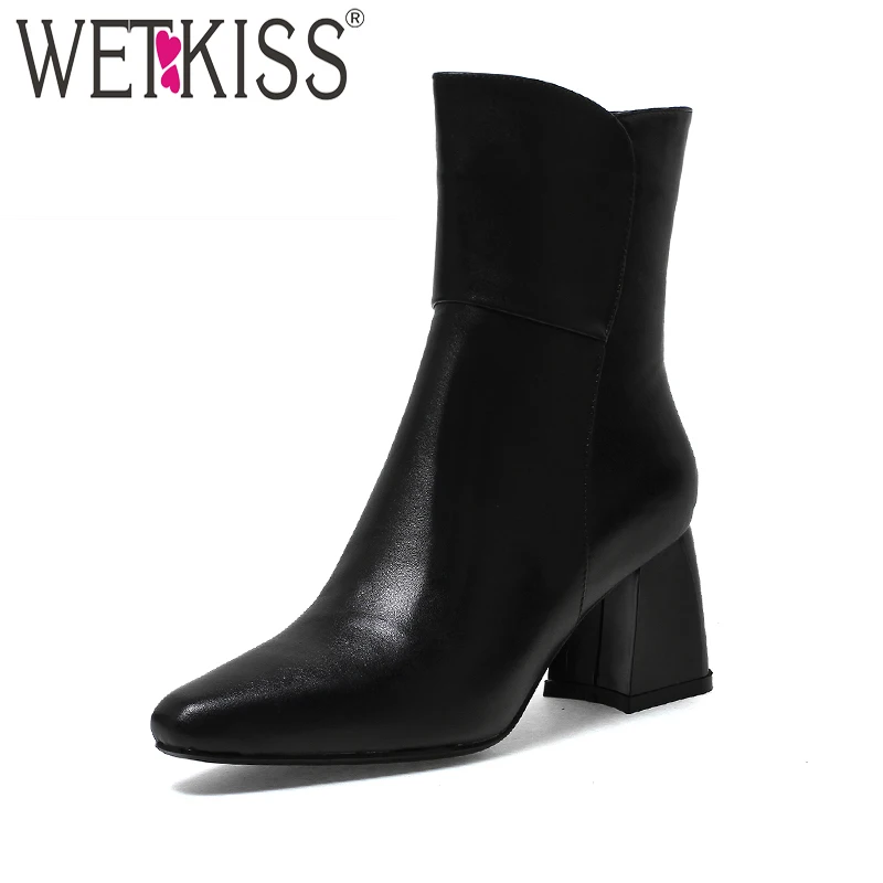 

WETKISS Easy Walking Hoof High Heels Ankle Boots High Quality Genuine Leather Winter Boots Spring Zipper Female Shoes Woman 2018