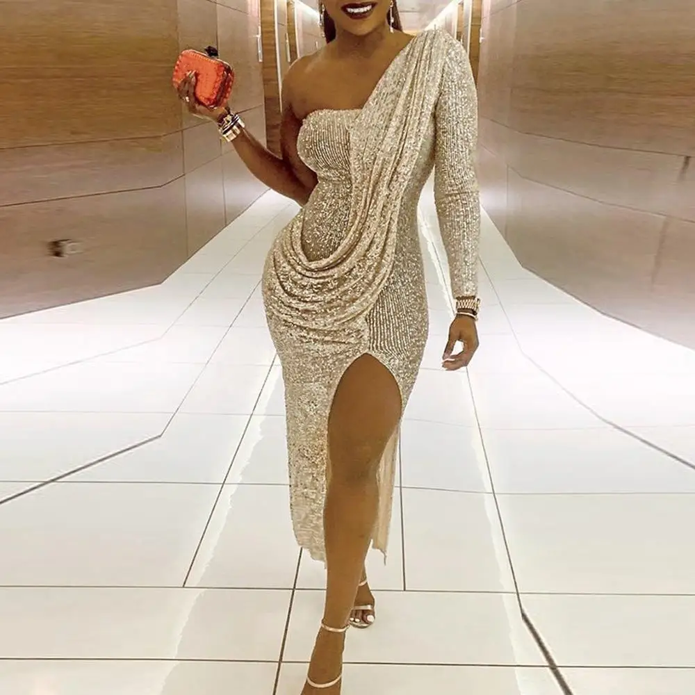 

2019 New Fashion Sexy Womens One Shoulder Long Sleeve Sequin Bodycon Cocktail Prom Gown Split Glitter Dress For Female