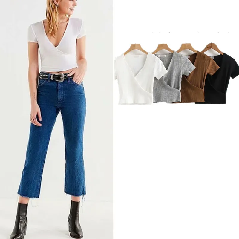 

2019 Women's Sexy V Collar Cross Hundred T-Shirt Short Threaded Hundred Tight Short Open Navel T-Shirt Female