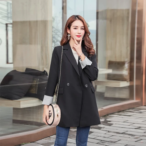 

2019 Autumn New Korean Version Black Loose Casual Womens Jackets And Coats Turn-down Collar Double Breasted Long Sleeved Coat