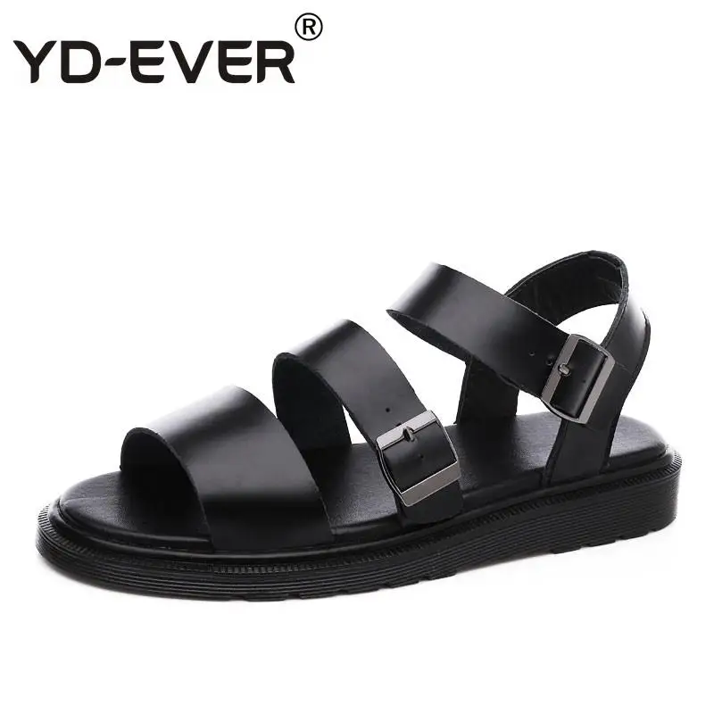 

YD-EVER Men Sandals Genuine Leather Male Summer Beach Slippers Rome Style Man Breathable Casual Slip-on Shoes Size black lover