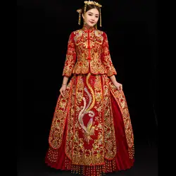 Невеста вышивка винтажное китайское платье ченсам Стиль свадебное платье ретро праздничный костюм леди Феникс платье брак Qipao красная