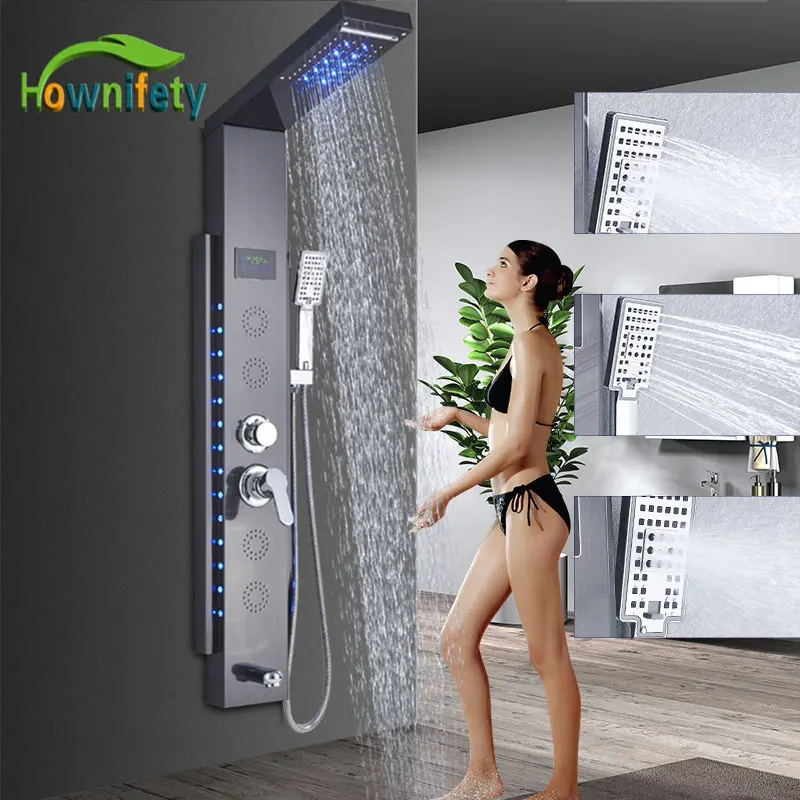 

Brushed /ORB Shower Column Faucet Double Led Light Bathroom Bath Shower System SPA Massage Sprayer Temperature Screen Show