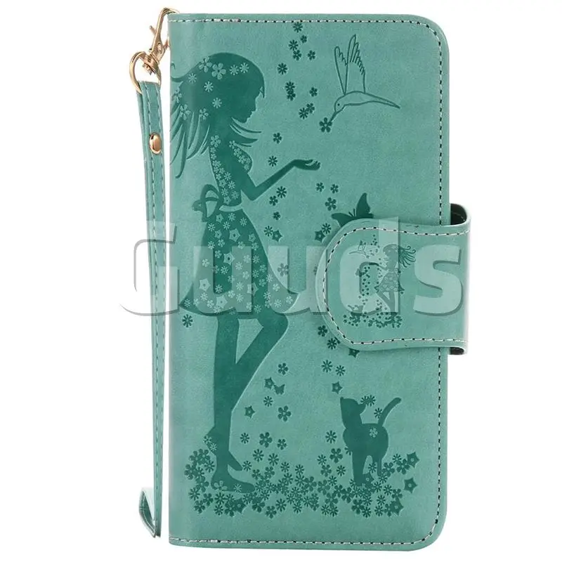 Embossing Cat Girl 9 Card Leather Wallet Case for LG X Power LS755 K220DS K220 US610 K450 - Green