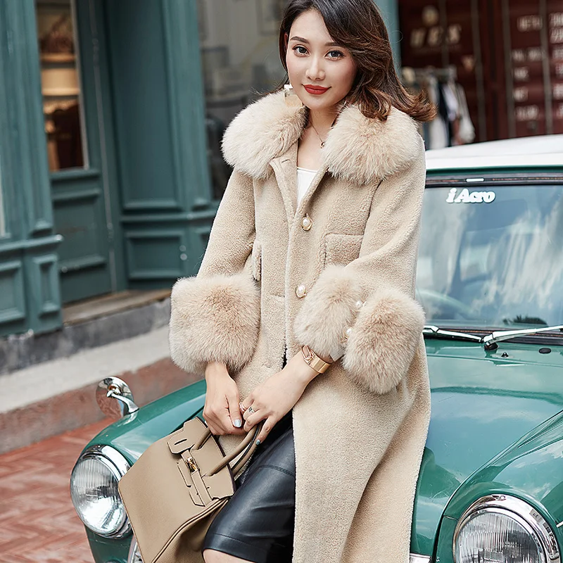 

AYUNSUE 2018 New Wome's Real Fur Coat Women Winter 100% Wool Long Warm Sheepskin Shearing Coat Natual Fox Fur Parkas Mujer 2343