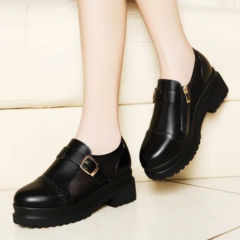 

New Fashion Metal Buckle Round Toe Thick Sole Platform British Style Breathable Cut Outs PU Leather + Mesh WoMen Casual Shoes