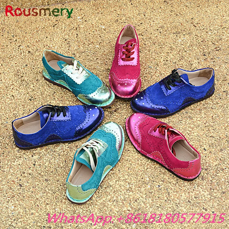 Fashion Mixed Colors Round Toe Lace-Up Woman Flats Colorful Leather Casual Sheos Woman Spring Autumn Bling Comfortable Shoes