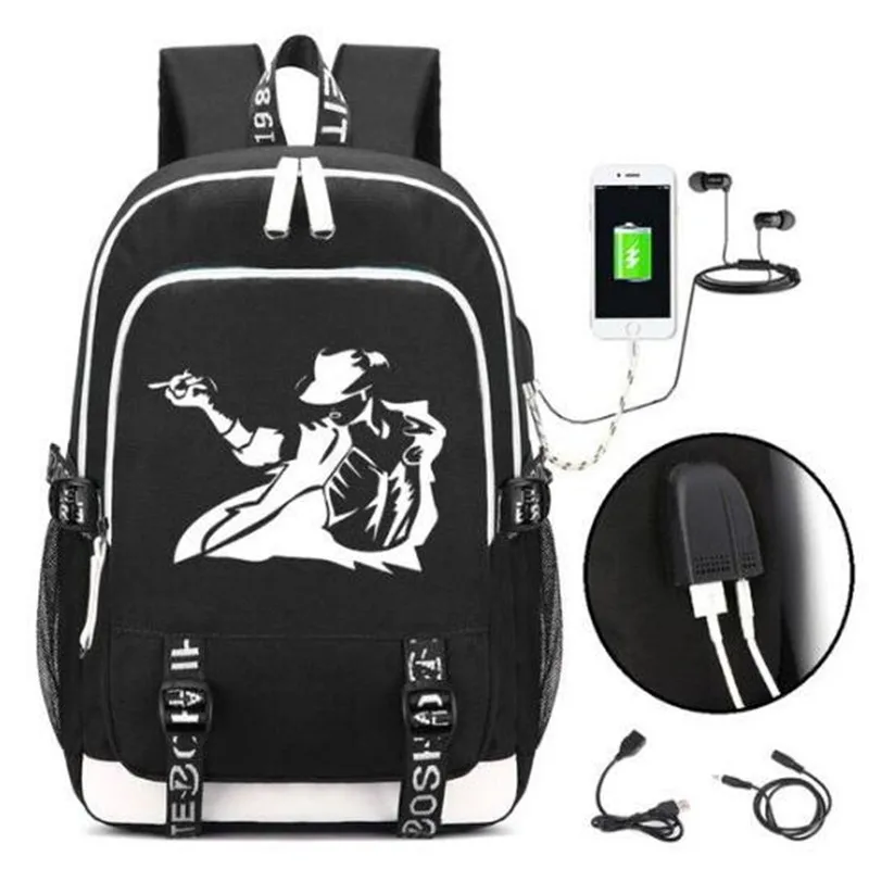 

Michael Jackson Rucksack Bag w/USB Fashion Port and Lock &Headphone travel Shoulder Laptop Bag Packbag