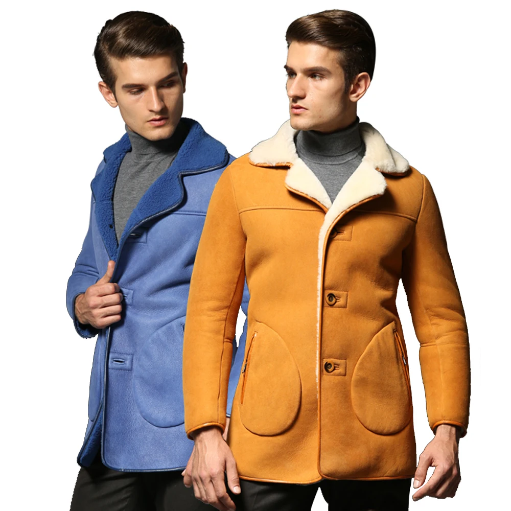 Качественное Мужское пальто из овчины, шуба из овчины, мужская повседневная желтая одежда shearling из натуральной овчины, теплое пальто для мужчин, верхняя одежда