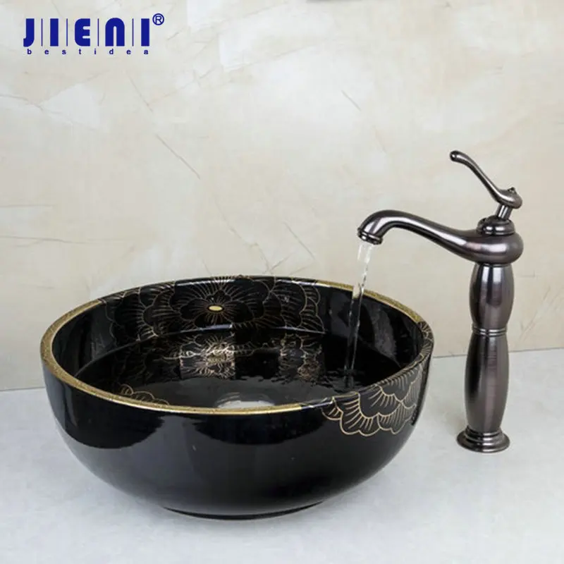 

JIENI Black Tall Basin Tap Black Bathroom Sink Washbasin Ceramic Lavatory Bath Sink Combine Set Mixer Faucet Golden