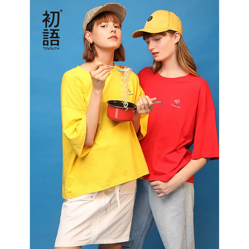 

Toyouth Spring Women Short Sleeve T-Shirt Casual Solid Color O-Neck 2019 New Arrival Female Oversize Cotton Loose Tops
