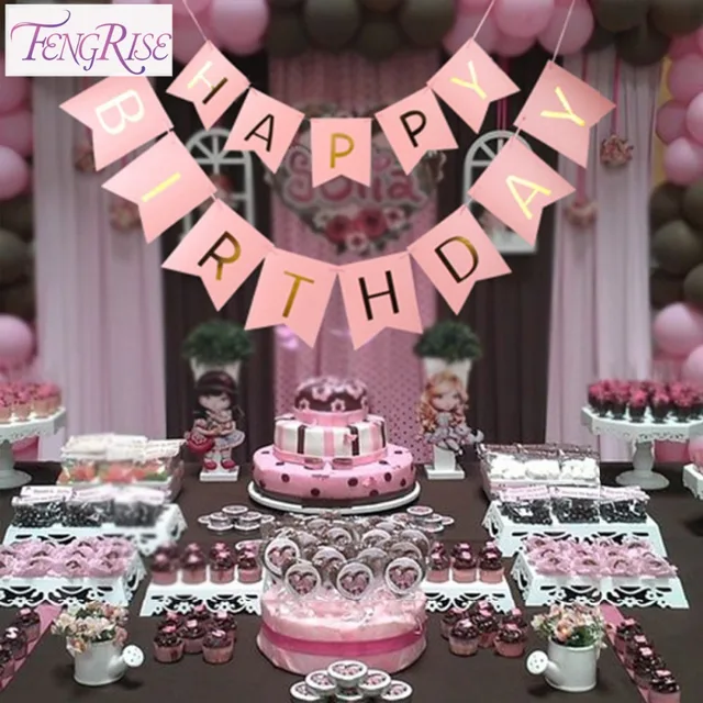 fengrise birthday party decoration kids banner garland pastel pink