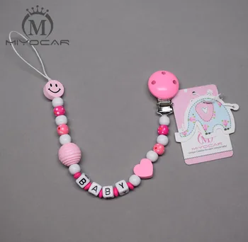 

MIYOCAR Personalised -Any name Hand made princess pink smile wooden beads dummy clip holder pacifier clips soother chain