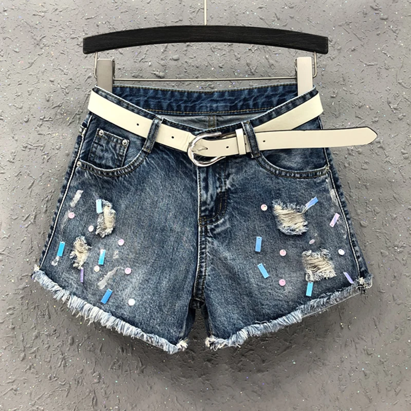 

Summer Casual Women Female Sequined Pearls Ripped Hole Tassel Blue Jeans Shorts , 2019 Xxl Korea glitters Denim Shorts For Women