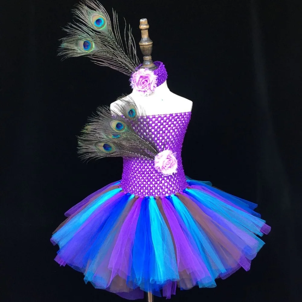 

Cute Girls Peacock Feather Tutu Dress Baby 2Layers Fluffy Tulle Tutus with Flower Headband Set Kids Birthday Party Costume Dress