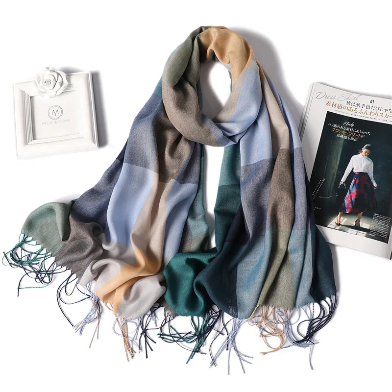 Новинка, зимние шарфы для женщин, модные клетчатые шали и палантины с кисточками, длинный хиджаб, высокое качество, платок, echarpe femme, Пашмина - Цвет: WJ22-7