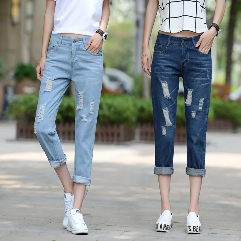 

Women casual floral hole jean Ankle-Length Pants